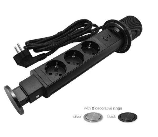 Potopna vtičnica 3xŠUKO, USB-A, USB-C črna/siva 2m