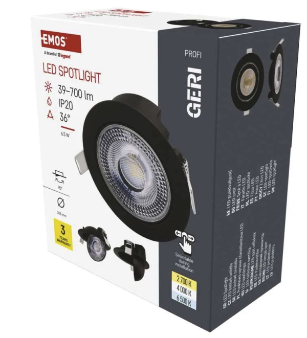 LED reflektor GERI črne barve, okrogel, 6,5W CCT