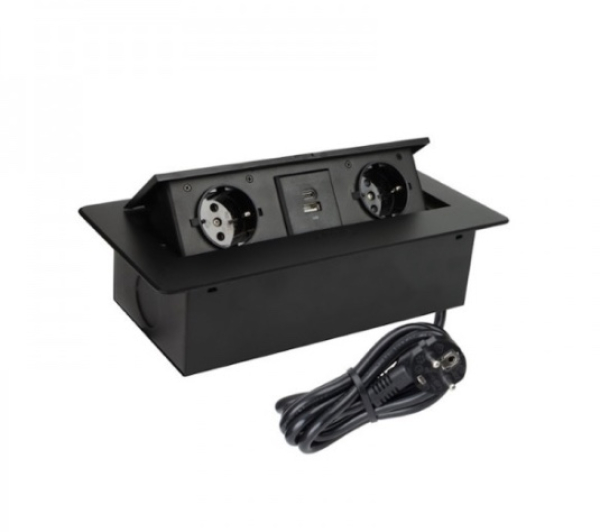 Potopna vtičnica 2xŠUKO,USB-A,USB-C s kablom 3m črna