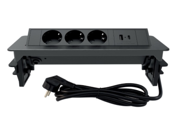 Potopna vtičnica 3xŠUKO, USB-A, USB-C črna 2m