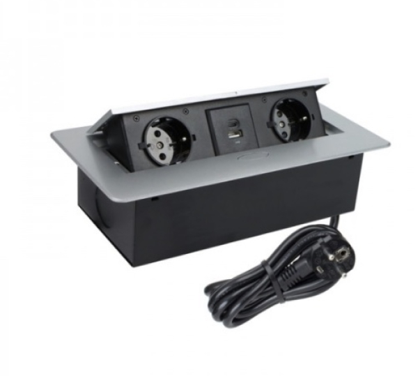 Potopna vtičnica 2xŠUKO,USB-A,USB-C s kablom 1,5m srebrna