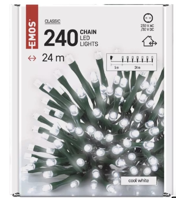 LED božična veriga, 24 m, zunanja in notranja, hladna bela, časovnik